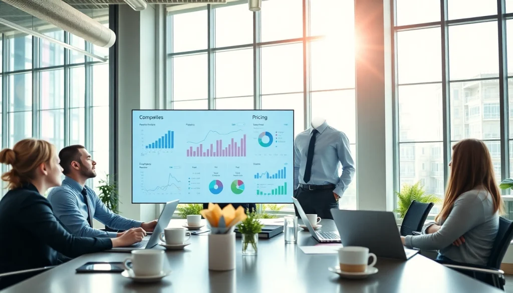 Analyze competitor pricing data with a collaborative team in a modern workspace.