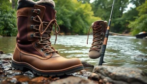 Fly fishing boots showcased in a serene river setting, emphasizing durability and adventure.