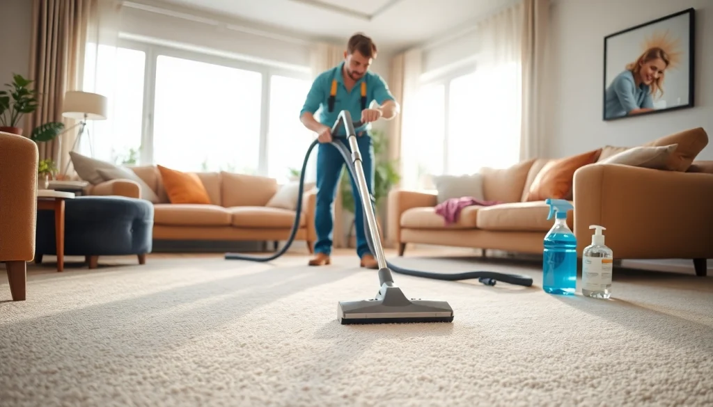 Efficient carpet cleaning lincoln ca with a technician demonstrating professional techniques in a bright living room.