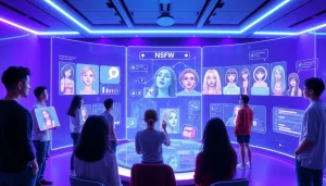 Interactive scene of users engaging with innovative NSFW AI image generator in a futuristic digital studio.