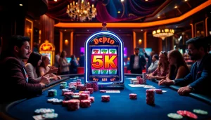 Suatu adegan pemain yang menikmati slot Depo 5k di kasino yang ramai, menampilkan chip poker berwarna-warni dan suasana mewah.