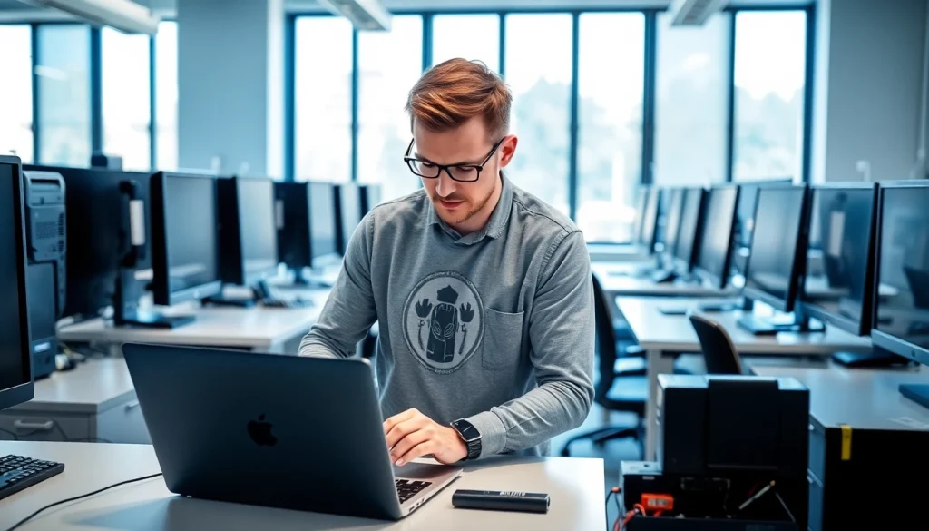 Providing expert computer service with a technician at work in a modern office setting.