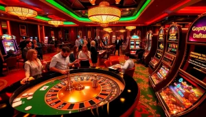 Excited gamblers engaging with Gopay88 Daftar at casino tables with vibrant slot machines.