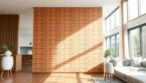 Showcased fluted wood panels enhancing a bright, modern interior design space.