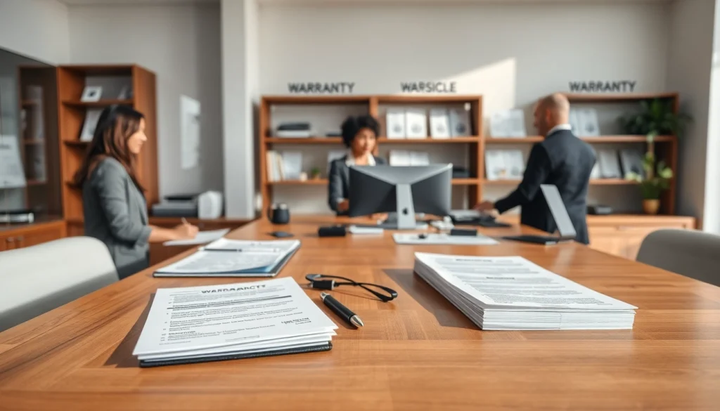 Warranty company for customers and repair providers assisting clients at a service desk with documents.