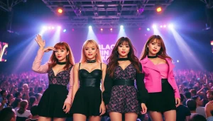 Catch the latest BLACKPINK news in a vibrant concert poster showcasing the group's dynamic performance.