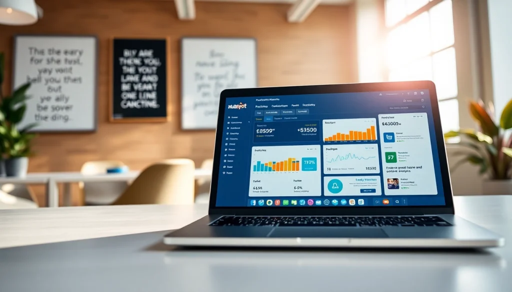 Engaging hubspot marketing email dashboard displayed on a laptop in a bright office setting.