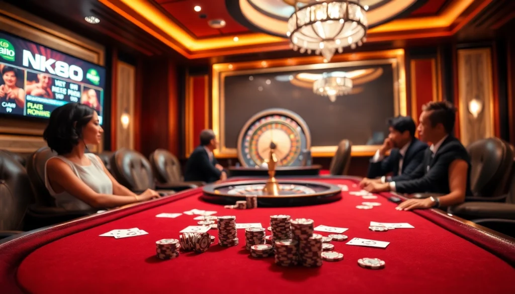NK88 casino players engaging in a high-stakes poker game at an elegant table.