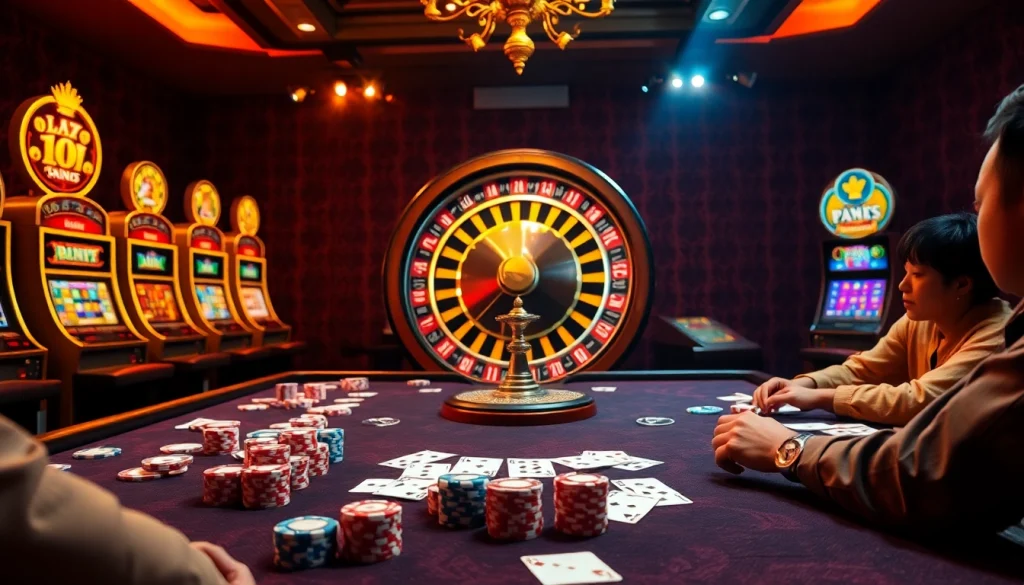 Scène engageante d'un casino en ligne avec des jetons de poker et une roue de roulette en rotation.