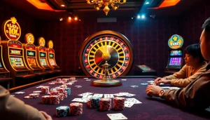 Scène engageante d'un casino en ligne avec des jetons de poker et une roue de roulette en rotation.