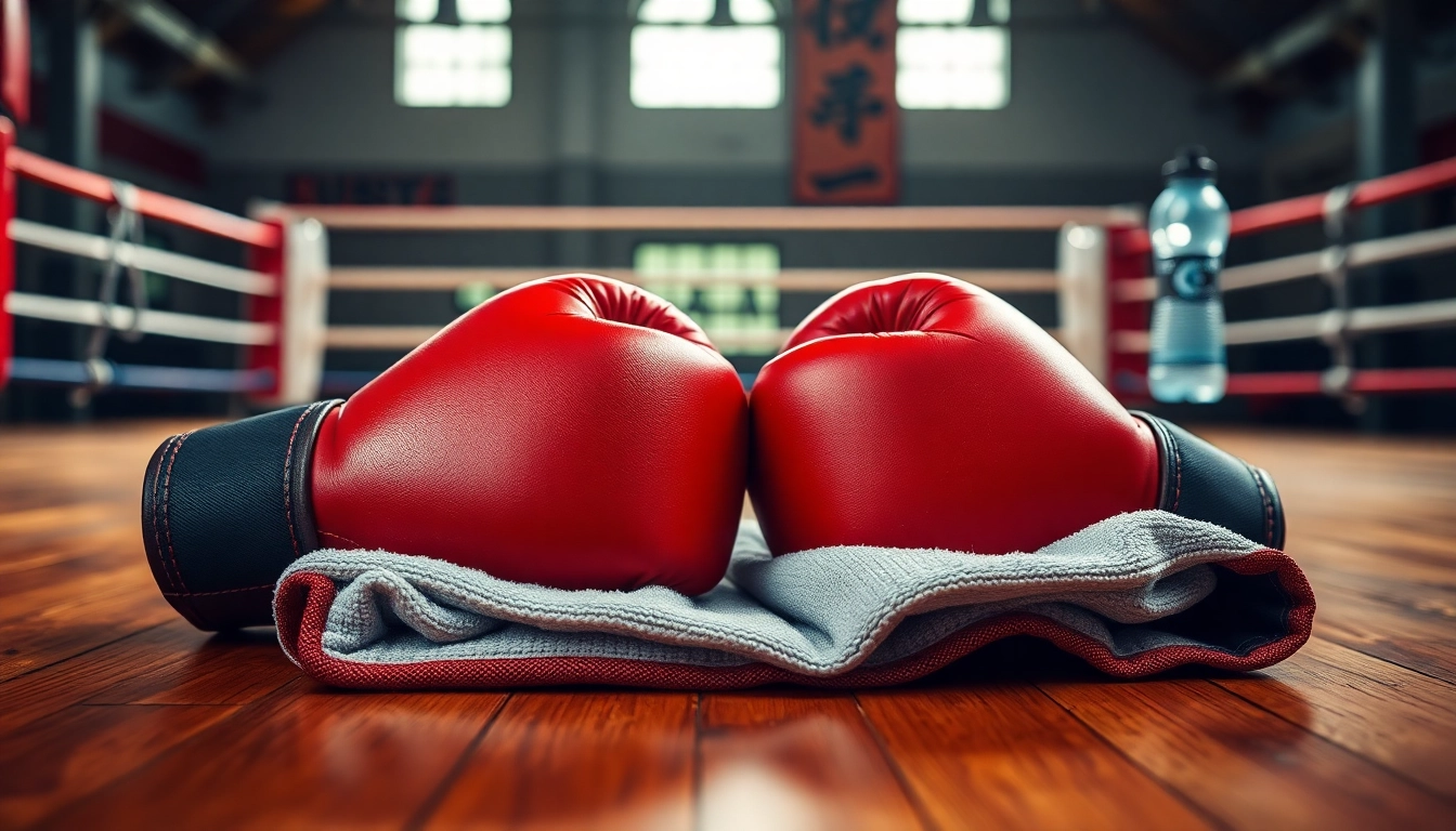Professionelle MMA gloves auf einem Trainingsboden, perfekte Details und Trainingselemente.