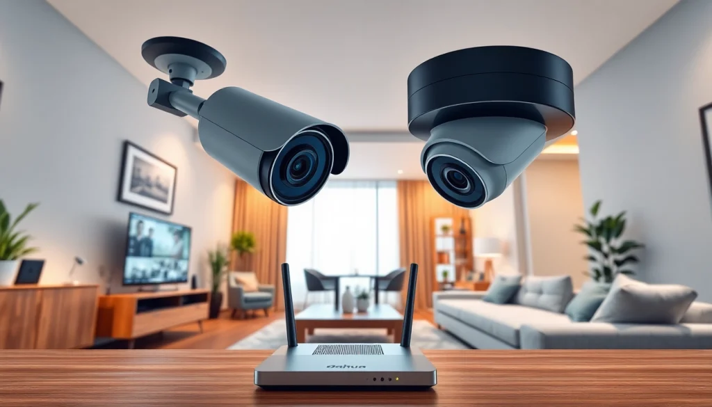 Cámaras Dahua integradas en una sala de estar y una oficina modernas, que muestran tecnología de seguridad y confort.