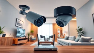 Cámaras Dahua integradas en una sala de estar y una oficina modernas, que muestran tecnología de seguridad y confort.