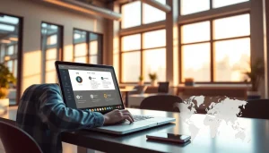 在现代工作区的笔记本电脑上显示的快连 VPN 应用，展示全球连接与安全。