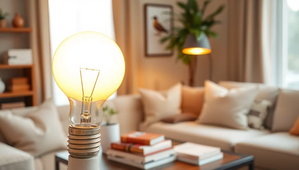 Bright a19 light bulbs illuminating a stylish living room with a cozy ambiance.