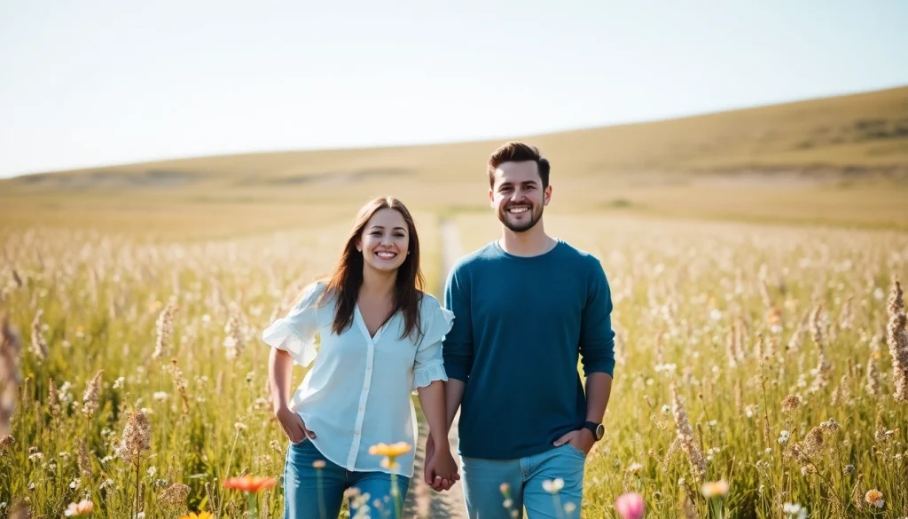 A couple enjoying light & airy photography in a bright field filled with flowers.