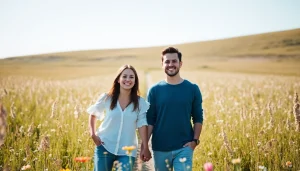 A couple enjoying light & airy photography in a bright field filled with flowers.