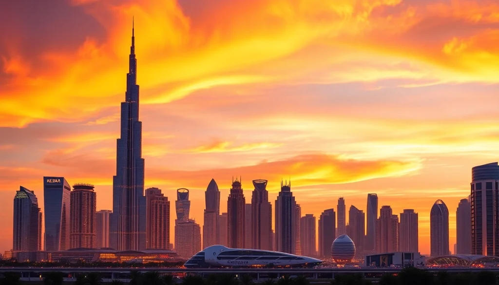 Best Hotspots in Dubai highlighted by a vibrant skyline view at sunset, featuring iconic buildings.