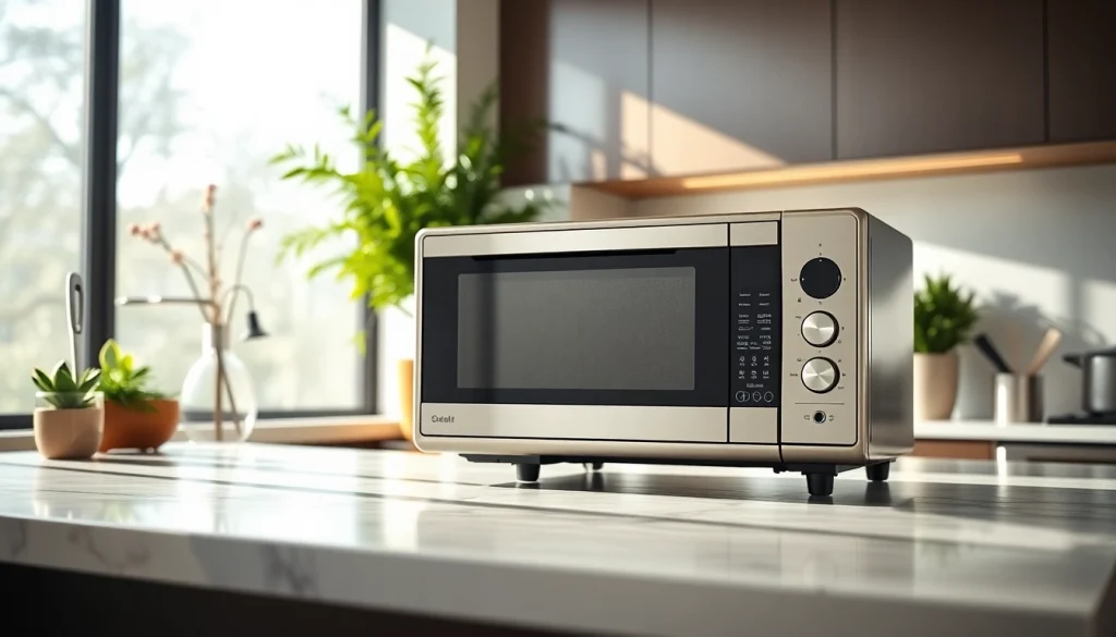 Showcasing microwave oven sales, a sleek stainless steel microwave in a modern kitchen setting.