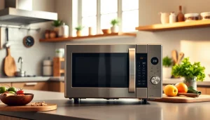 Microwave Oven on a modern countertop surrounded by fresh ingredients and kitchen tools.