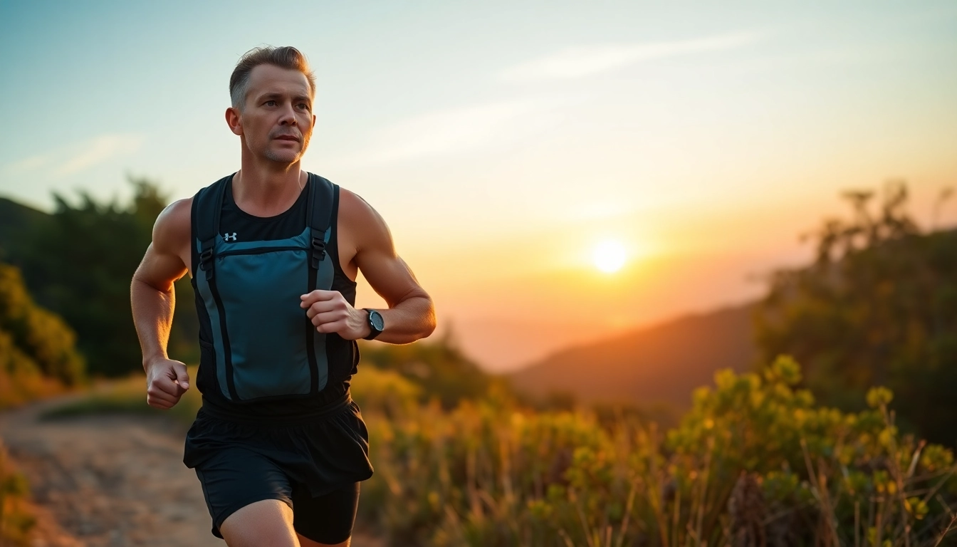Runner demonstrating the benefits of a hydration running vest on a scenic trail with warming sunset colors.