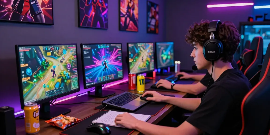 Engaged player in online gaming challenge with rokok 88 on multiple screens, vibrant atmosphere.